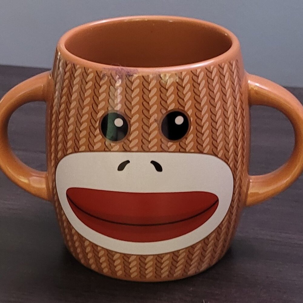 Galerie Double Handled Sock Monkey Mug Cup Ceramic Cute Collectible NEW